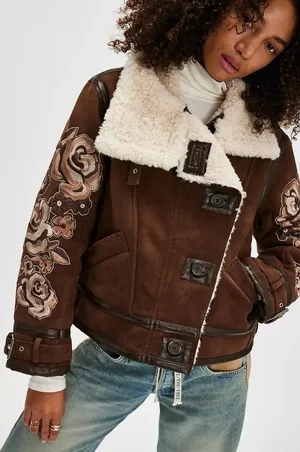 Free People Andies Vegan Moto Jacket Embroidered Floral Brown Bear Small NWT‎ thumbnail 1
