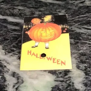Vintage Halloween girl holding pumpkin pin thumbnail 2