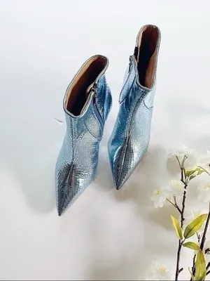 NEW Schutz Metallic Bette Ankle Bootie In Metallic Blue Leather thumbnail 5