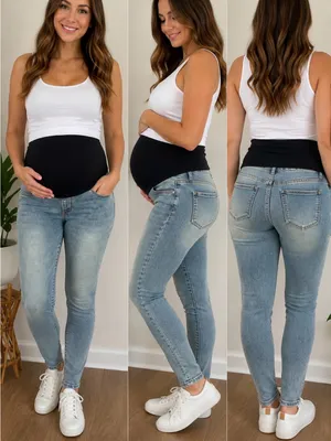 Light Blue Maternity Skinny Jeans with Black Belly Panel thumbnail 2