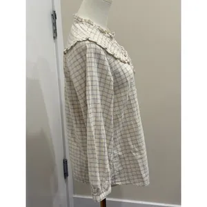 Fat Face Corduroy Ruffle Bib‎ Blouse Cream Blue Windowpane Plaid Size 4 Cottage thumbnail 6