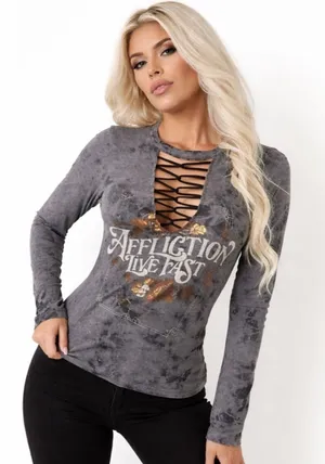 Affliction Live Fast Lace Up Top Gray Burnout Long Sleeve Grunge Bikercore S thumbnail 1