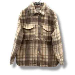 ZARA Plaid‎ Shirt Jacket Women's Size Large Cream Tan Gray Long Sleeve Collared thumbnail 2