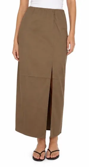 A New Day Tan Front Slit Midi Skirt High Waisted Brown L NEW thumbnail 1