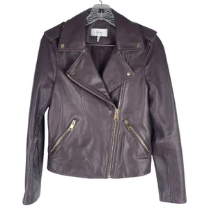 Reiss Leiya Lamb Leather Moto Jacket In Berry Brownish Red Size 4 thumbnail 4