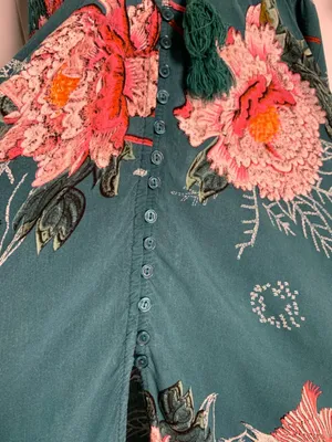 Jaase Maxi Dress XS Teal Floral Boho Autumn Wedding Guest Smocked V-Neck thumbnail 6