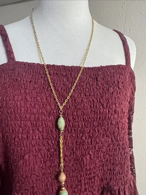 Vintage Gold-Tone Long Pendant Necklace with Turquoise Beads - Women Jewelry thumbnail 4