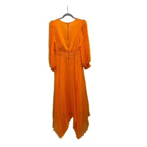 Alice + Olivia Pleated Maxi Dress Womens 8 Orange V-Neck Smocked Waist Delora thumbnail 5