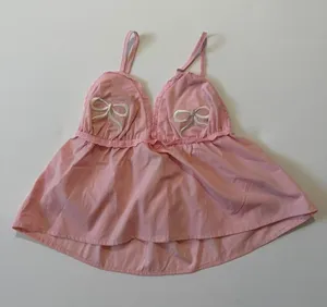 Croquette Light Pink Babydoll Cami Tank Top with Eyelet Trim and Bows thumbnail 1
