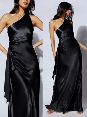 Meshki • Calliope One Shoulder Maxi Dress gown black satin formal evening draped thumbnail 2