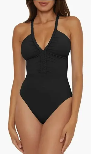 Soluna Lake Side Tie Back Swimsuit Large One-Piece in‎ Black Braided Detail NEW thumbnail 1