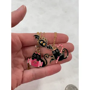 3pc Black Cat Enamel Necklace Set Halloween Spooky Cute Bat Cat Gold Tone Chain thumbnail 4