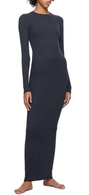 Skims Black Long Sleeve Maxi Dress L Bodycon Stretch Minimalist Crew Neck thumbnail 1