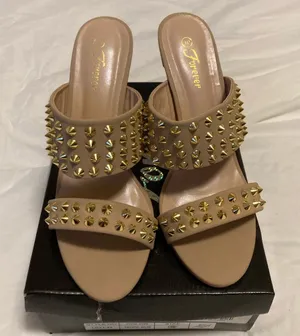 Taupe and gold studded sandals with heel thumbnail 1