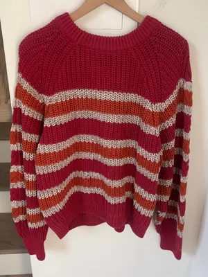 Free People Frankie Striped Cable Knit Sweater - Red Combo Stripes - Large thumbnail 4