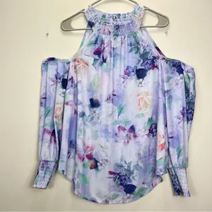 Torrid Watercolor Floral Georgette Smocked Neck Cold Shoulder‎ Blouse 1X thumbnail 5