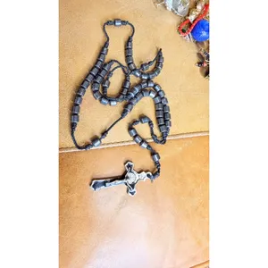 Handmade Black Rosary Necklace With Silver Metal Crucifix Pendant & Beaded Chain thumbnail 5