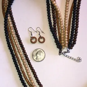 Multi-Strand Beaded Necklace and Hoop Earrings - Brown, Black, Cream thumbnail 4