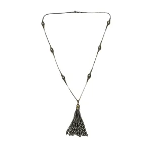 Silver-Tone Tassel Necklace with Faux Pearl Station Beads and Rhinestone Accents thumbnail 2