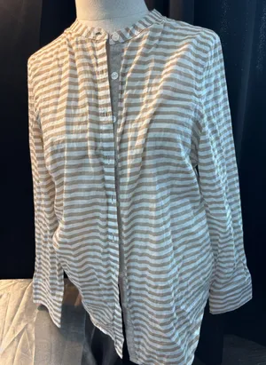 Grand & Greene Tan White Striped Cotton Button Down Shirt Mandarin Collar Small thumbnail 1