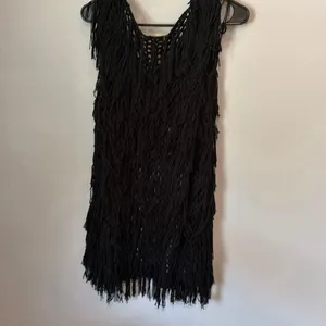 PPLA Flounder Fringe Vest Black Open Knit Crochet Sleeveless Boho Festival Large thumbnail 9