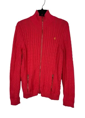 Lauren Ralph Lauren XL Dark Coral Cable Knit Full Zip Sweater Cotton Preppy Logo thumbnail 1