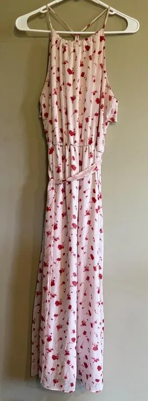 Lush Pink Red Floral Halter Maxi Dress Ruffle‎ Back Tie Waist Womens Medium thumbnail 1