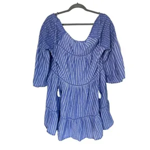 Free People Lola Boho Striped Tiered Dress Chambray Blue Embroidered Lagenlook‎ thumbnail 4