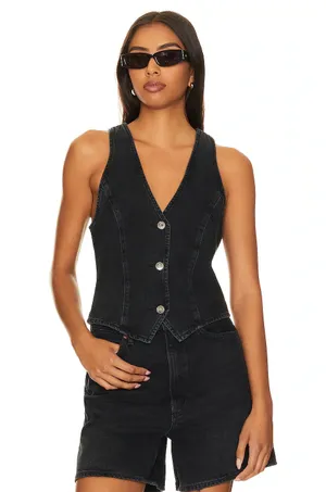 Agolde Heller Sleeveless Black Denim Button Front Structured Vest Spider XS thumbnail 1