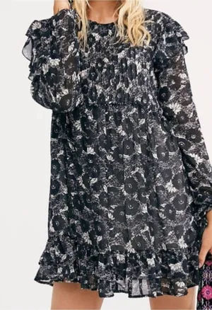 NWT Free People Black and White sheer babydoll long sleeve Floral DRESS thumbnail 1