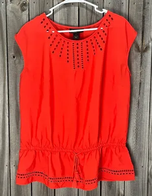 Imperfect‎ Lane Bryant top short sleeved size 14 eyelet tie front tassel top thumbnail 1