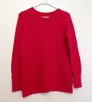 ANN TAYLOR LOFT Textured Button Cuff Sweater Bright Red 100% Cotton Crew Neck M thumbnail 2