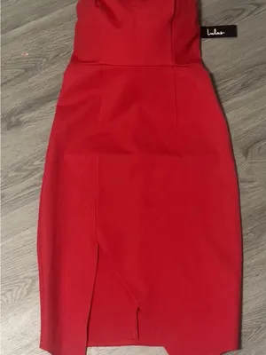 Lulus Strapless Bodycon Dress Sz S Jazzie Red Asymmetrical Hem Wedding Guest thumbnail 3
