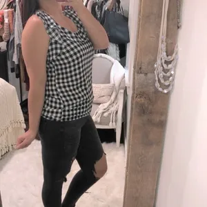 LOFT size small black checkered ruffle top thumbnail 3