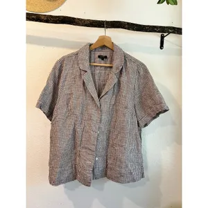 Quince 100% European Linen Gingham Brown Short Sleeve Blouse Top Size XL thumbnail 2