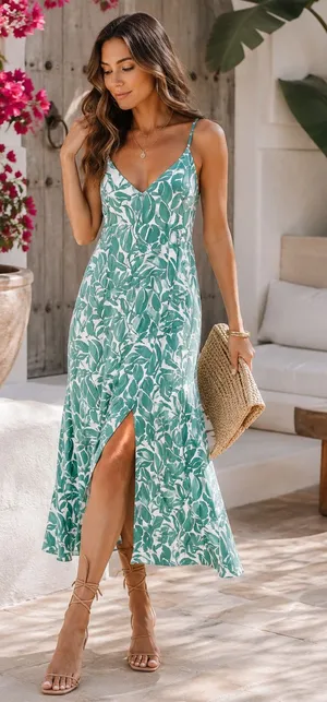 VICI Green White Tropical Leaf Print Midi Dress M Rayon Linen Front Slit Resort thumbnail 1