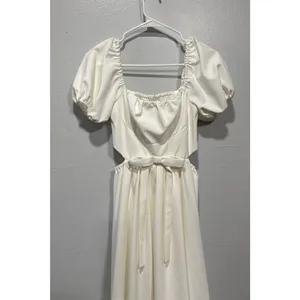 Timeless Collection A-Line Midi Dress Puff Sleeve Cut Out Womens XS Off White thumbnail 2