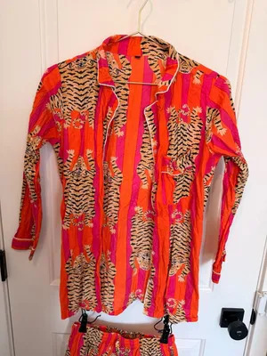 Cotton Long Pajama Set in Tibetan Tiger Pink & Orange thumbnail 3