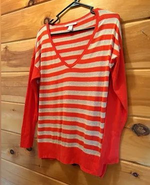 Victoria Secret Women's V-Neck Sweater Orange Tan Striped Size Medium thumbnail 1