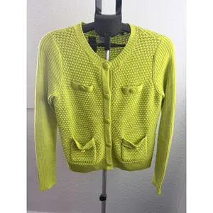 Cabi Loren #5011 Knitted Lime Green Retro Long Sleeve Sweater w Front Pockets M thumbnail 2