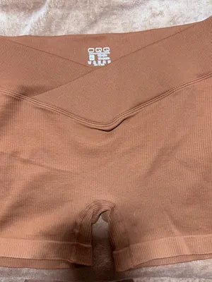 OQQ High Waist Cross Over Athletic Shorts Seamless Ribbed Bike Shorts in Taupe thumbnail 3