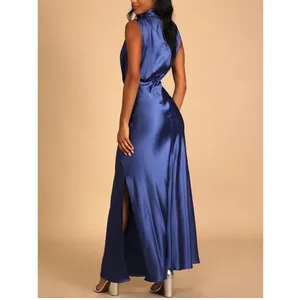 NWT Lulus Classic Elegance Satin Sleeveless Mock-Neck Slit Maxi Dress Large Blue thumbnail 5