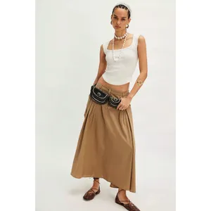 Free People All Around Midi Maxi Full Skirt Olive Tan Khaki Size Large Neutral thumbnail 14