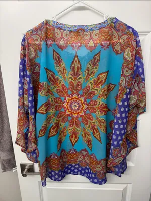 Valerie Stevens Turquoise Paisley Medallion Sheer Blouse with Purple Accents thumbnail 3