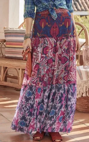 Sundance Harlin Tiered Maxi Skirt XS Boho Cupro Ikat Paisley Chiffon Lined thumbnail 1