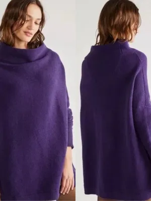 FREE PEOPLE Ottoman Cowl Purple Ribbed Sweater Pullover Top thumbnail 2