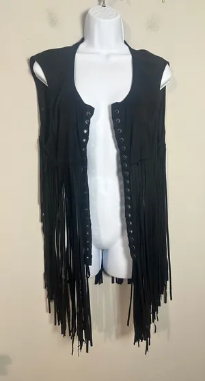 Mark Black Faux Suede Long Fringe Vest Grommet Lace Up XL XXL thumbnail 1