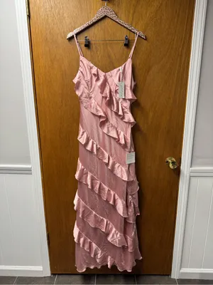 Petal + Pup Ciao Ruffles Maxi Satin Dress Sleeveless Long Pink Large NEW thumbnail 16