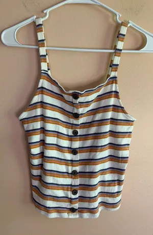 American Eagle Outfitters White Tank Top with Mustard & Navy Stripes thumbnail 1