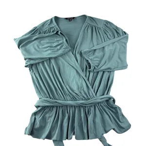 Lauren Ralph Lauren Black Label Wrap Top Womens L Teal Peplum Jersey V Neck Soft thumbnail 2